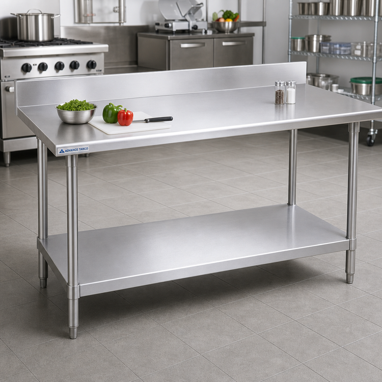 Product image #2 for Advance Tabco Standard Series 84-Inch x 30-Inch Stainless Steel Work Table with 5-Inch Backsplash and Adjustable Undershelf