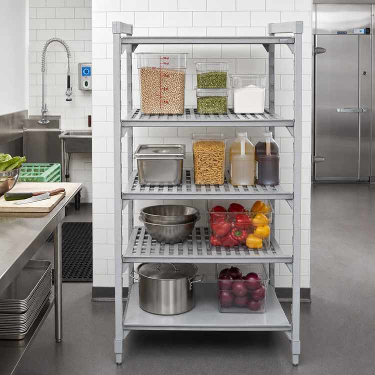 Product image #3 for Cambro Camshelving Premium Stationary Starter Unit, 18 x 42 x 72 Inches, 4-Tier 3 Vented + 1 Solid Polymer Shelving, Speckled Gray