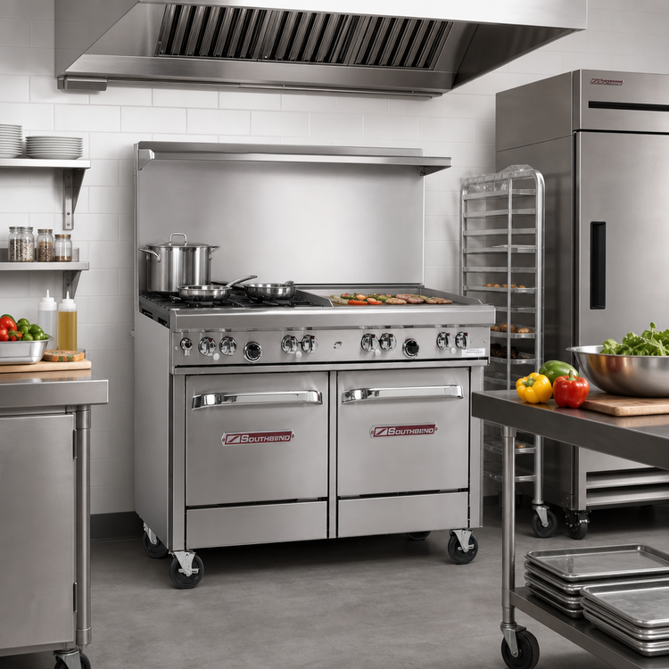 Product image #2 for Southbend Ultimate 48-Inch Gas Restaurant Range with 2 Non-Clog Burners, 36-Inch Griddle, and 2 Space Saver Ovens