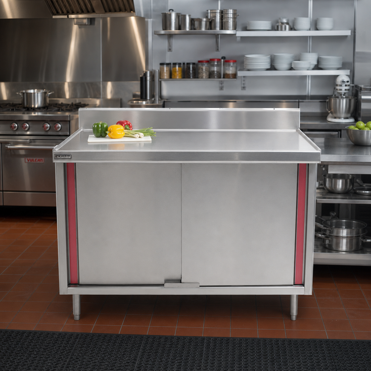 Product image #2 for Eagle Group Spec-Master Marine Series Stainless Steel Enclosed Work Table with Cabinet Base, Sliding Doors, and 4-1/2-Inch Backsplash, 96 x 24 Inches