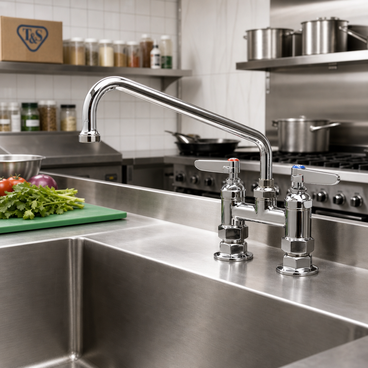 Product image #2 for T&S Brass 4-Inch Centers Deck Mount Mixing Faucet with 10-Inch Swing Nozzle and Lever Handles