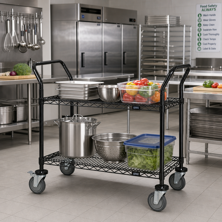 Product image #2 for Quantum 60-Inch Black Epoxy Antimicrobial Bus Cart with 2 Wire Shelves, 1200 lb Capacity