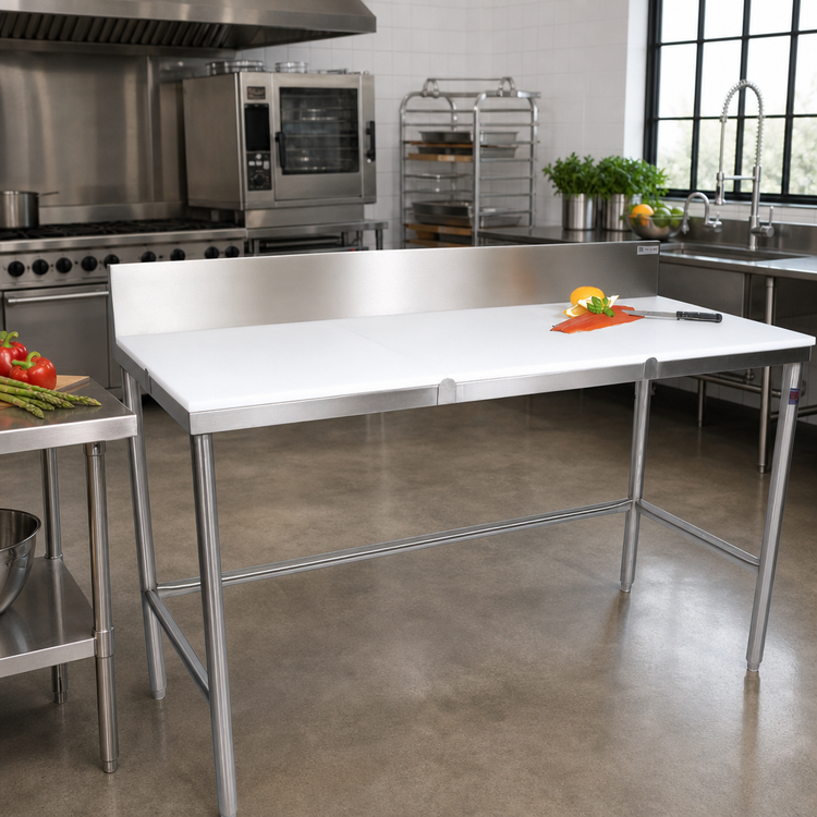 Product image #2 for John Boos 120-Inch x 30-Inch Reversible Poly Top Trimming Table with 6-Inch Removable Backsplash and Stainless Steel Legs