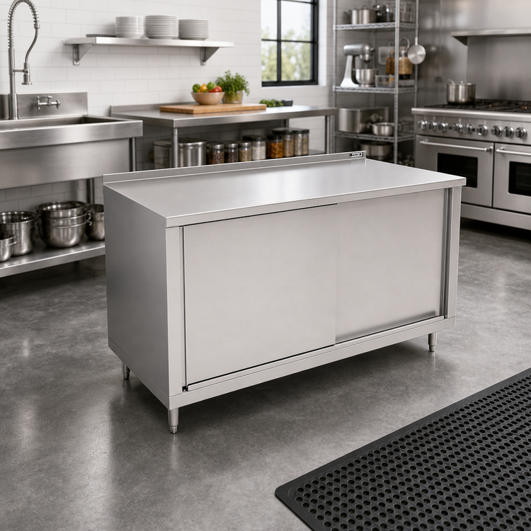Product image #2 for John Boos 60"W x 30"D Stainless Steel Cabinet Base Work Table with Sliding Doors and 1-1/2" Rear Riser