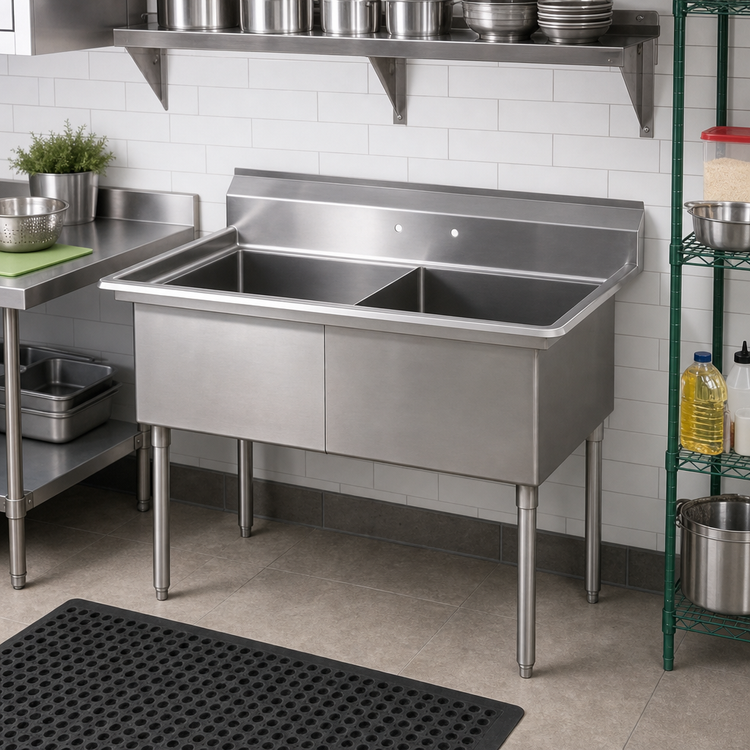 Product image #2 for Sapphire Manufacturing 41-Inch Wide 2-Compartment Stainless Steel Commercial Sink with Backsplash and Legs