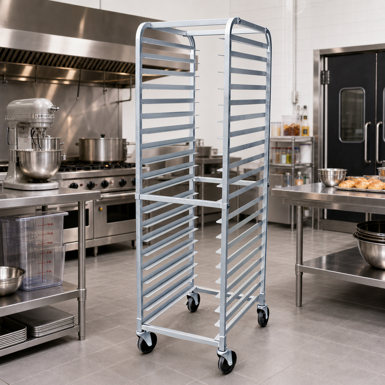 Product image #3 for 20-Tier Aluminum Mobile Bun Pan Rack with 2 Brake Wheels