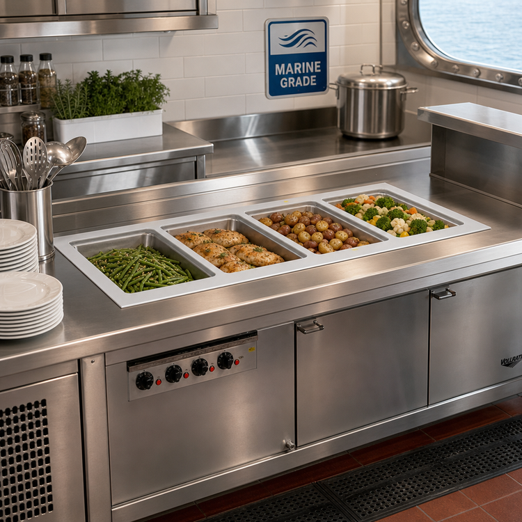 Product image #2 for Vollrath Short-Side 4-Pan Drop-In Marine-Grade Hot Well with Thermostatic Controls and Manifold Drain, 208-240V