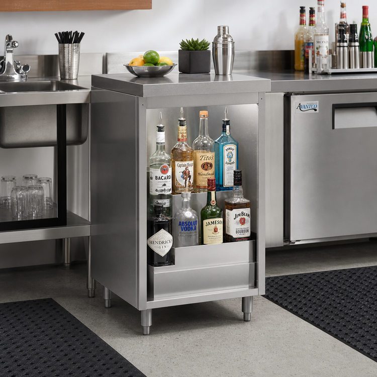 Product image #2 for 24-Inch Stainless Steel Back Bar Liquor Step Cabinet with Flat Top and 4 Display Steps