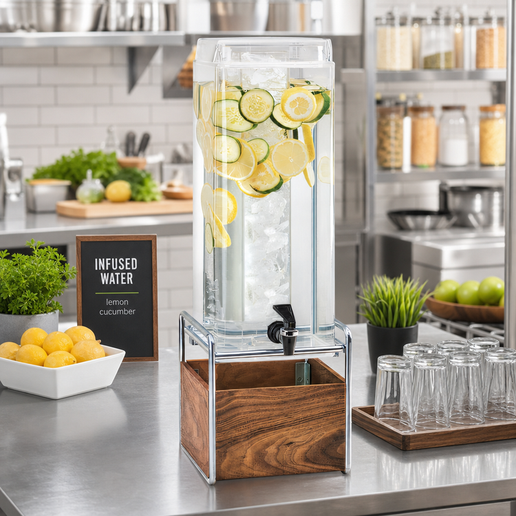 Product image #2 for Cal-Mil Mid-Century 3 Gallon Single Beverage Dispenser with Infusion Chamber, Walnut Base and Chrome Frame