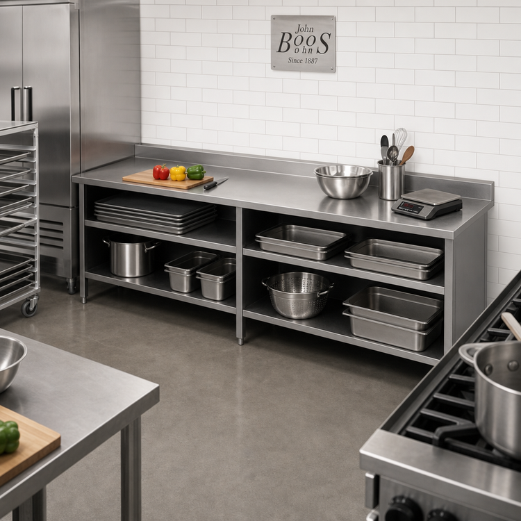 Product image #2 for John Boos Enclosed Base Work Table with Open Front, 132-Inch x 24-Inch, 16-Gauge 300 Series Stainless Steel Top, 5-Inch Rear Riser