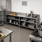 Thumbnail image #2 for John Boos EBOS6R5-24132 Enclosed Base Stainless Steel Work Table, Open Front, 132 x 24 in, 16-Gauge 300 Series Top, 5-Inch Backsplash, Fixed Unders:**