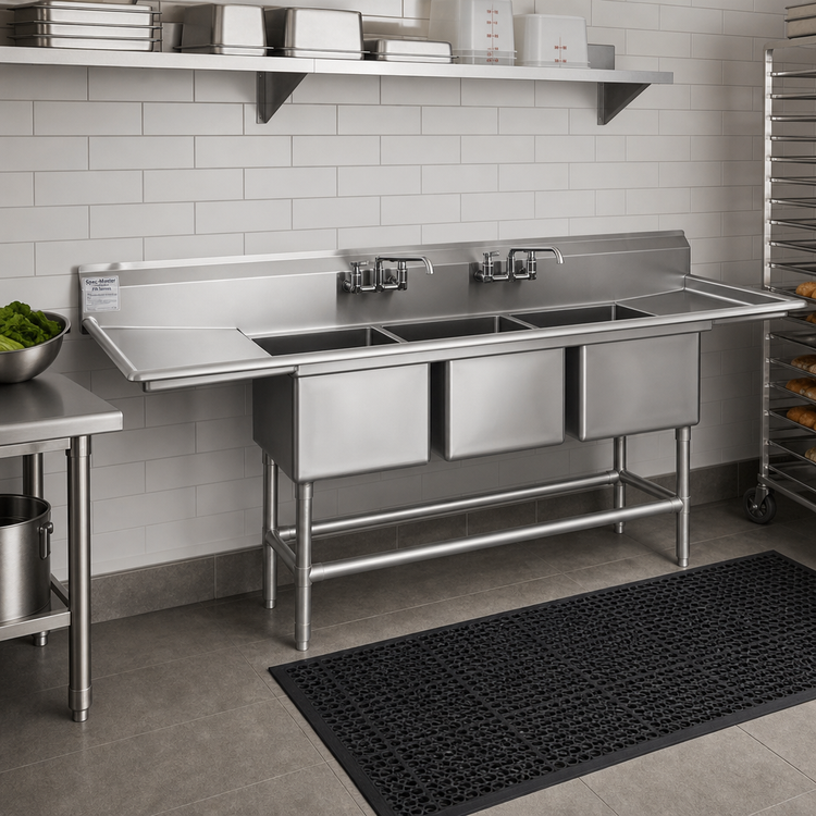 Product image #2 for Spec-Master FN Series 85-1/2-Inch Three-Compartment Sink with 30-Inch Left Drainboard, 14-Gauge Stainless Steel