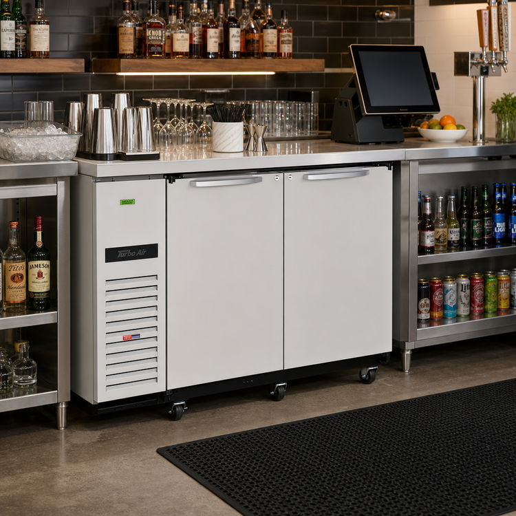 Product image #2 for Turbo Air Super Deluxe Two-Section Back Bar Cooler with 2 Solid Doors, 19 Cu. Ft., Side-Mounted Self-Contained Refrigeration