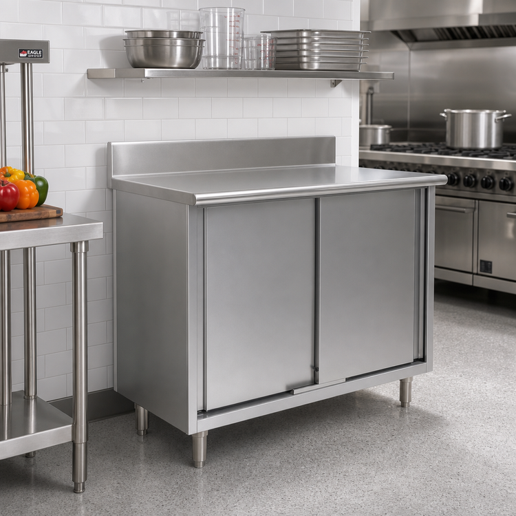 Product image #2 for Eagle Spec-Master Enclosed Worktable with Sliding Doors and Backsplash, 72 x 30 Inches, 14-Gauge 304 Stainless Steel Top