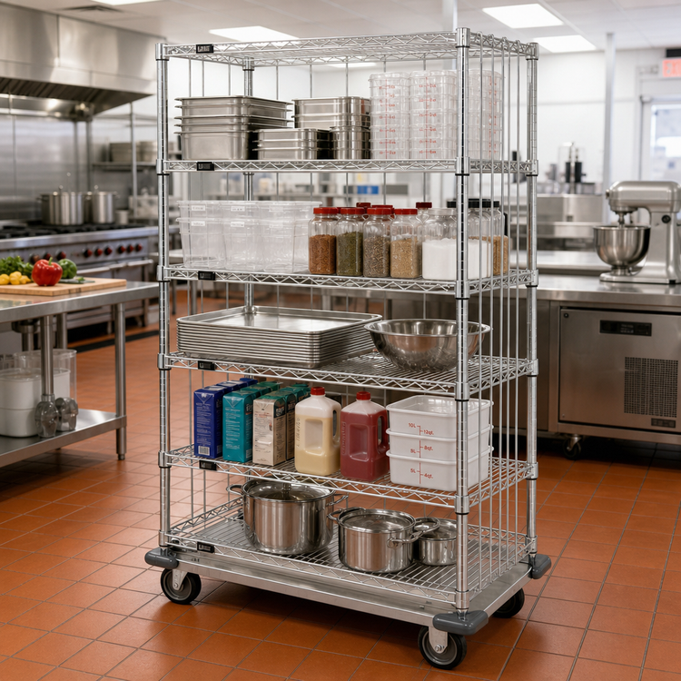 Product image #2 for Quantum Mobile Enclosure Cart with 5 Wire Shelves, 60-Inch W x 24-Inch D x 70-Inch H, Chrome Plated