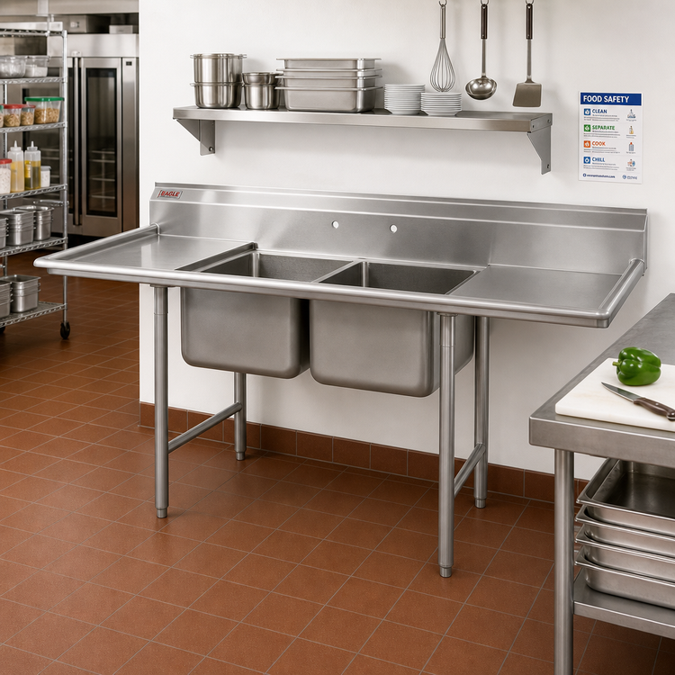 Product image #2 for Eagle Group 414 Series Two-Compartment Drainboard Sink, 84-1/4 Inch W, 430/304 Stainless Steel