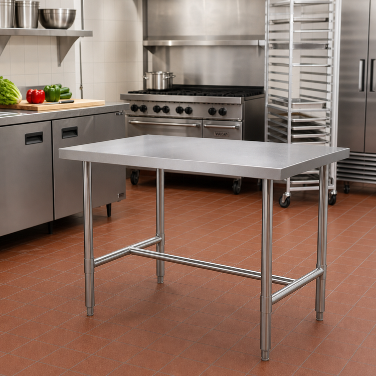 Product image #2 for Klinger's Trading HST2430 30 x 24 Inch 18 Gauge Stainless Steel Work Table with Open H-Frame Base