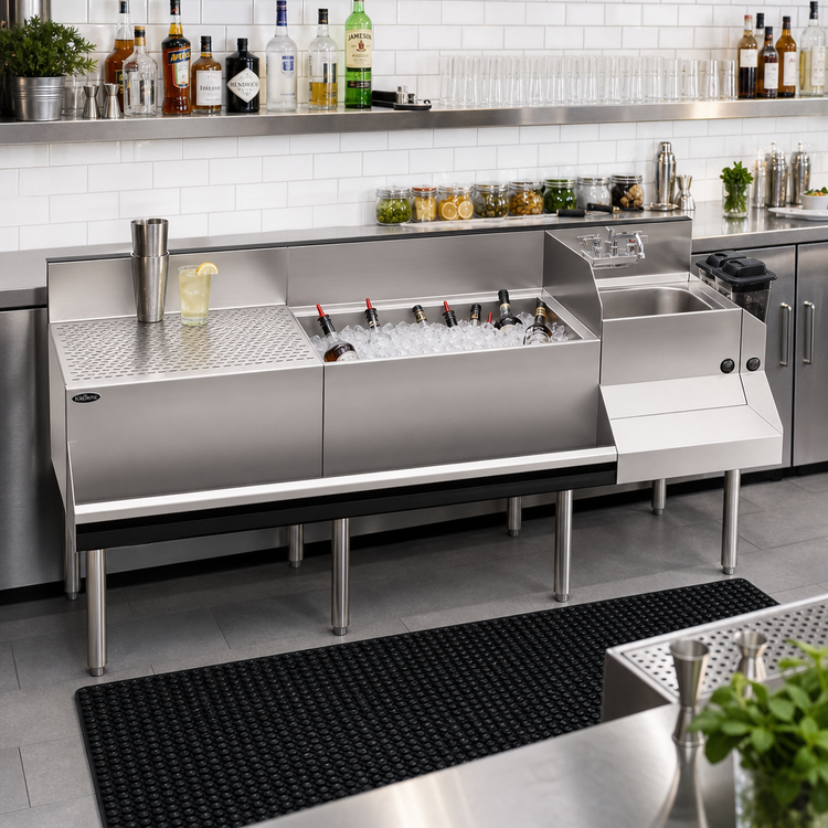 Product image #3 for Krowne Royal Series 72-Inch Freestanding Underbar Ice Bin/Cocktail Station with Drainboard, 18-Inch Blender Dump Sink, and 10-Circuit Cold Plate