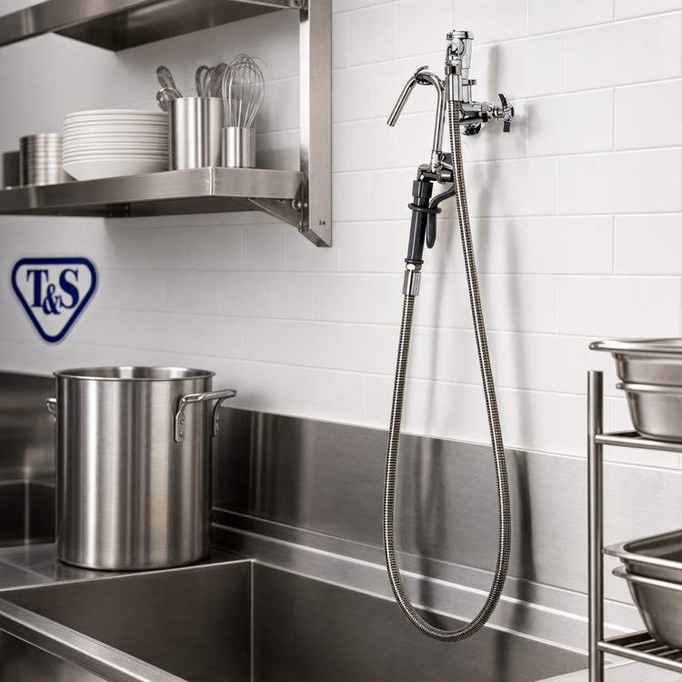 Product image #2 for T&S Brass Wall-Mount Single-Hole Pot & Kettle Filler Faucet with Self-Closing Hook and 68-Inch Hose