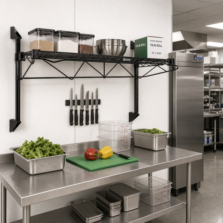 Product image #2 for Quantum Cantilever Single Shelf Wall-Mount Wire Shelving Kit, 60 x 12 Inches, Black Epoxy Antimicrobial Finish