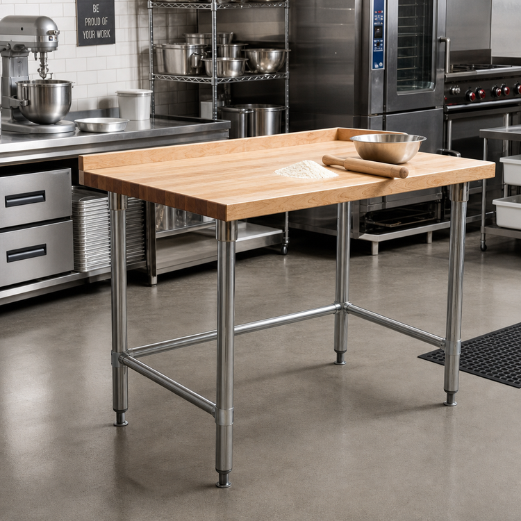 Product image #2 for 48 x 30 Inch Baker's Top Hardwood Work Table with 4 Inch Side and Rear Splash and Galvanized Base