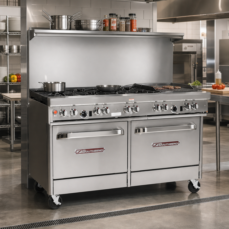 Product image #2 for Southbend Ultimate 60-Inch Gas Restaurant Range with 4 Pyromax Burners, 24-Inch Charbroiler, and 2 Cabinets