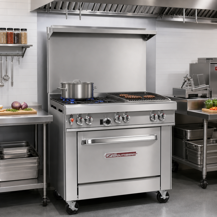Product image #2 for Southbend Ultimate 36-Inch Gas Restaurant Range with 2 Open Burners, 24-Inch Charbroiler and Cabinet Base