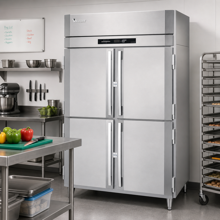Product image #2 for Victory UltraSpec 2-Section Reach-In Freezer with 4 Half-Height Solid Hinged Doors, Self-Contained, Top-Mounted