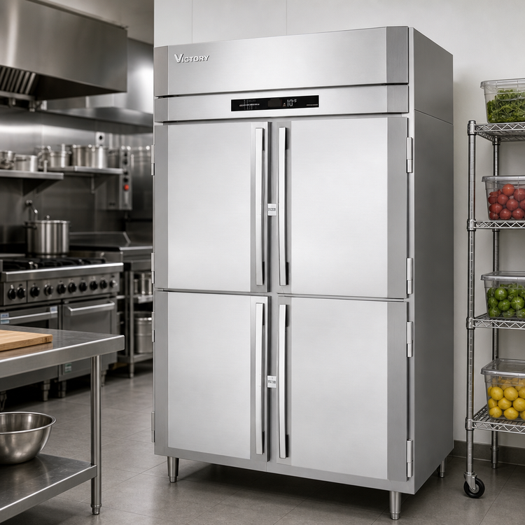 Product image #2 for Victory UltraSpec 2-Section Reach-In Freezer with 4 Half-Height Solid Hinged Doors, Self-Contained, Top-Mounted