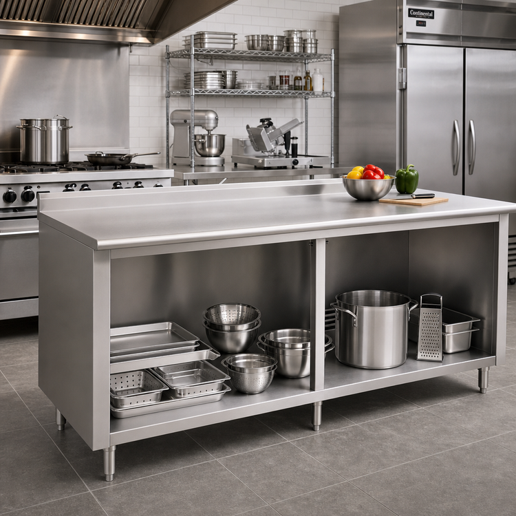 Product image #2 for Advance Tabco 96-Inch x 36-Inch Open Front Cabinet Base Work Table with 14-Gauge 304 Stainless Steel Top and 1-1/2-Inch Rear Up-Turn
