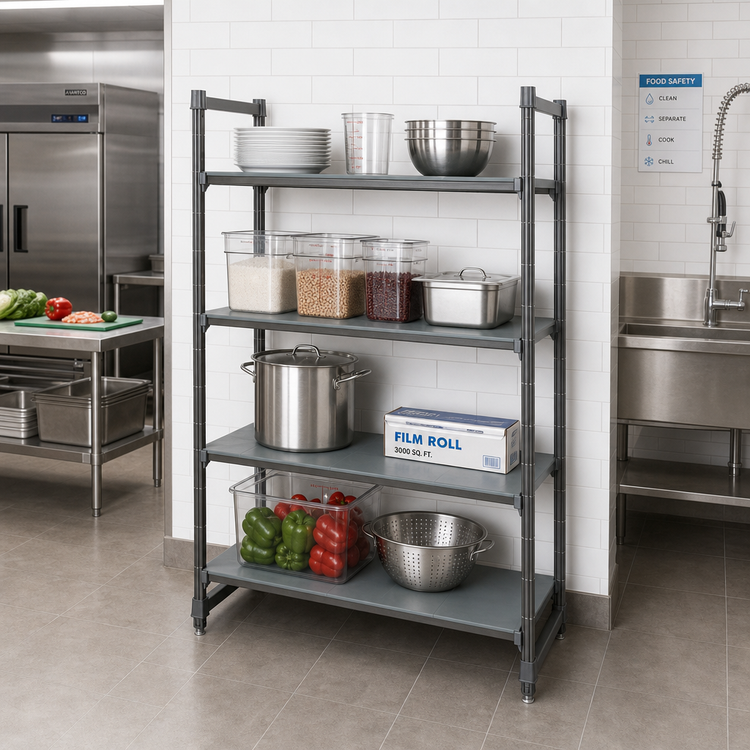 Product image #2 for Cambro Camshelving Basics Plus 4-Tier Solid Stationary Starter Polymer Shelving Unit, 24" Deep x 54" Long x 64" High, Brushed Graphite