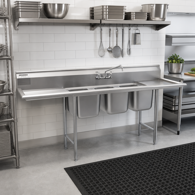 Product image #2 for Eagle Group 314 Series Three-Compartment Sink with Right Drainboard, 80-3/4 Inch Wide, 304 Stainless Steel
