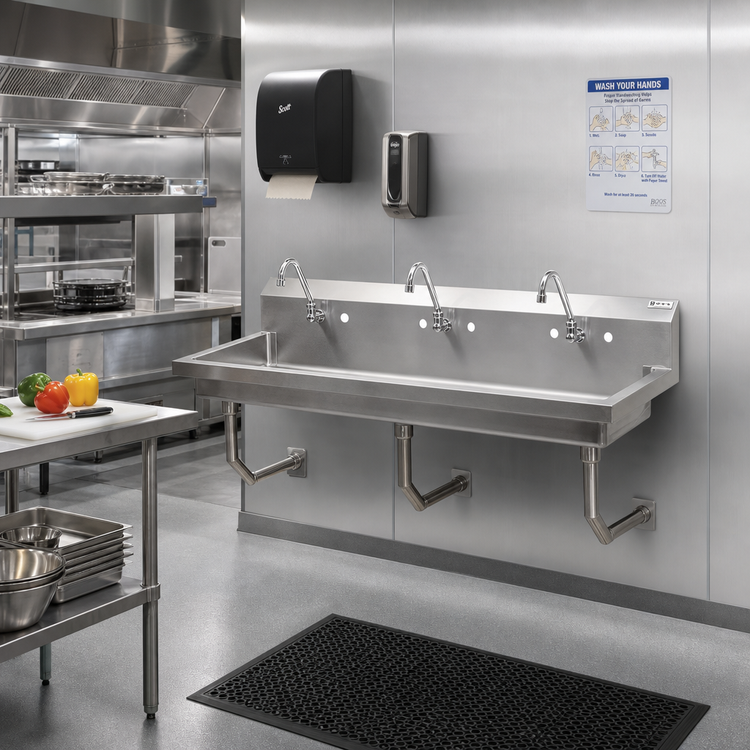 Product image #2 for John Boos Wall-Mount Multi-Station Hand Wash Sink, 60 Inch Wide, 3 Single Faucet Holes
