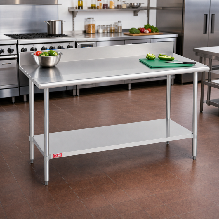 Product image #2 for Duke Supreme 60-Inch x 30-Inch 14-Gauge 300 Series Stainless Steel Work Table with 5-Inch Riser and Undershelf