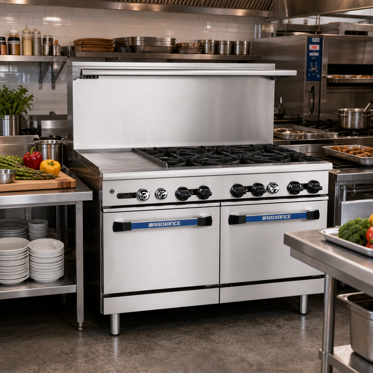 Product image #2 for Turbo Air Bake Tech Innovation Radiance 48-Inch Commercial Gas Range with 6 Open Burners, 12-Inch Griddle and 2 Standard Ovens