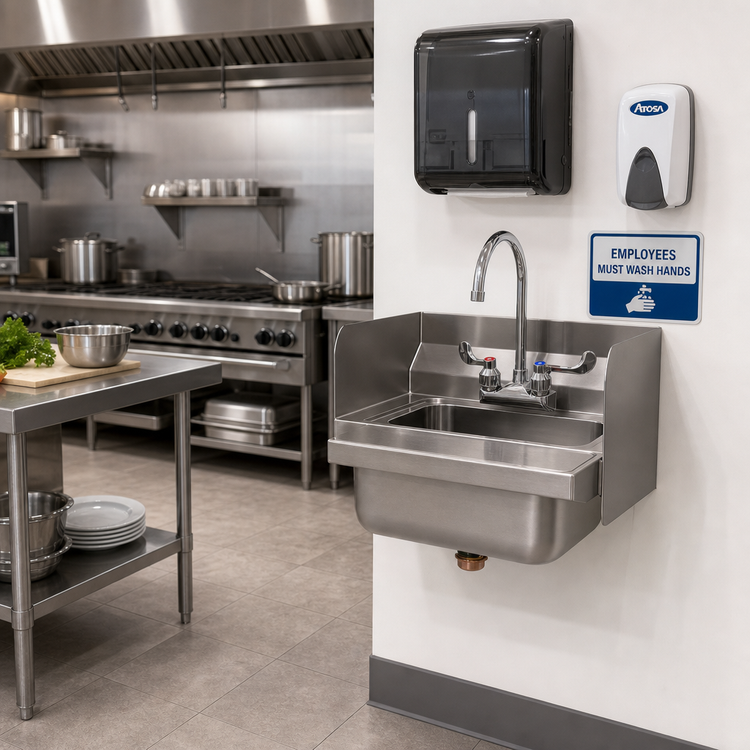 Product image #2 for Atosa 15-Inch Wall-Mount 304 Stainless Steel Hand Wash Sink with Side Splashes, Gooseneck Faucet and Drain