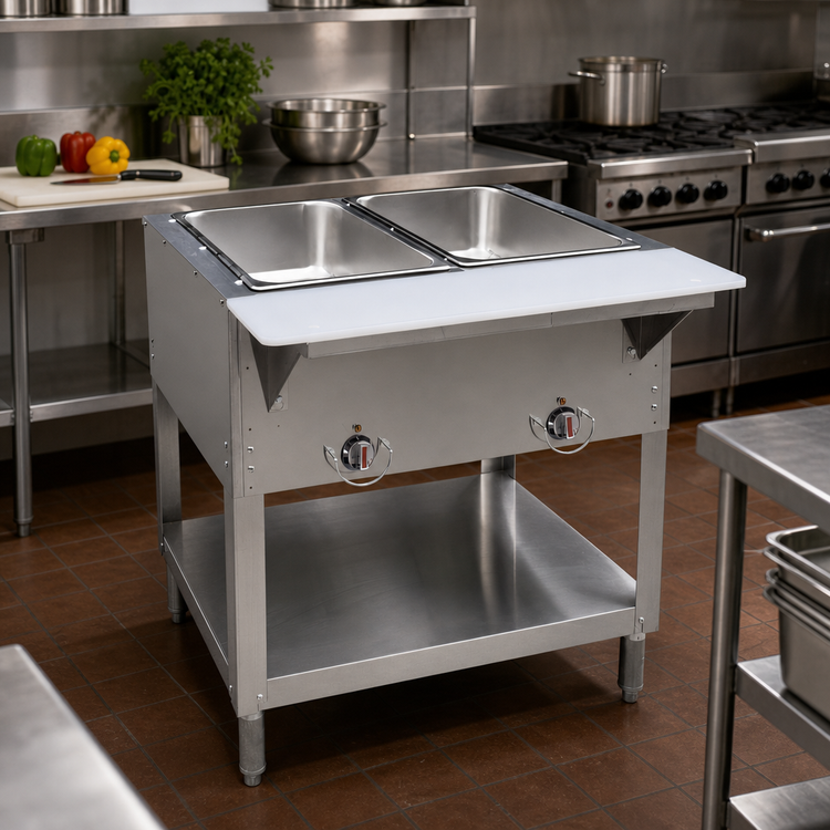 Product image #2 for BK Resources Two-Well Propane Stainless Steel Open-Well Steam Table with Cutting Board Shelf and Adjustable Undershelf
