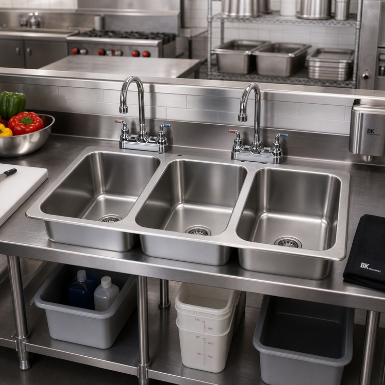 Product image #2 for BK Resources Deep Drawn 3-Compartment Drop-In Sink with 2 Lead-Free Faucets and 3 Basket Drains