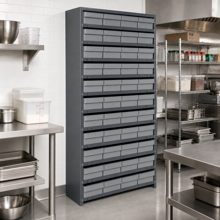 Product image #2 for Quantum Closed Heavy-Duty Stationary Wire Shelving Unit with 13 Shelves and 48 Bins, 12 x 36 x 75 Inches