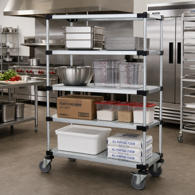 Product image #2 for Quantum Mobile Shelving Cart with 4 Solid Galvanized Steel Shelves, 36 x 24 x 69 Inches
