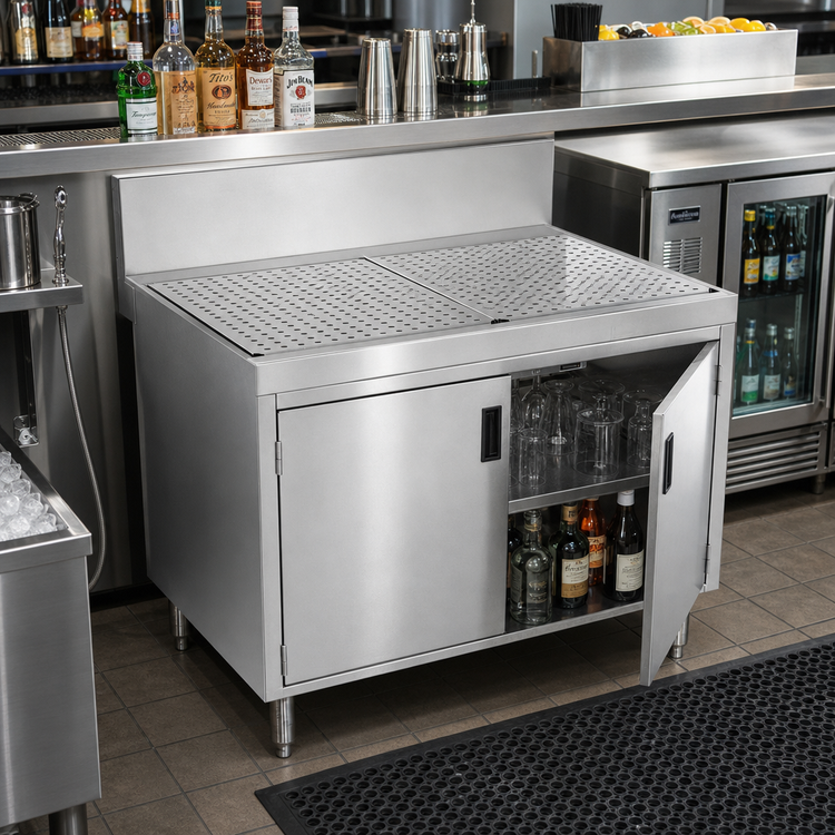 Product image #2 for Advance Tabco Prestige Freestanding Underbar Drainboard Cabinet with Removable Hinged Doors, Stainless Steel, 36 x 30 x 36 Inches