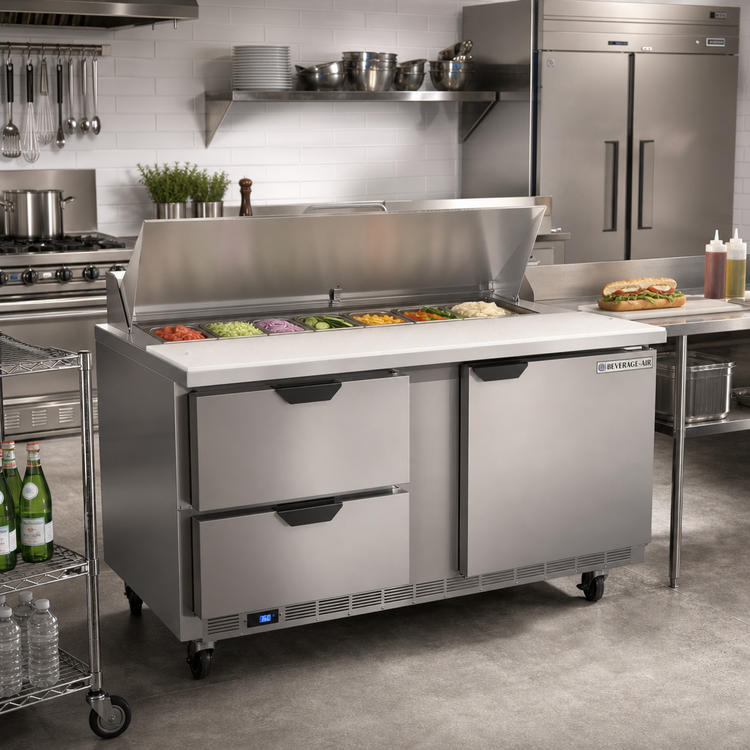 Product image #3 for Beverage Air Two-Section Sandwich Top Refrigerated Prep Table, 60-Inch, 1 Door, 2 Drawers, 12-Pan Capacity
