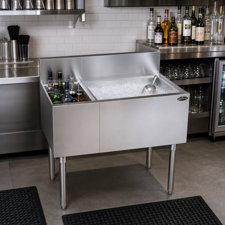 Product image #2 for Krowne Royal Series 36-Inch W x 19-Inch D Underbar Combination Ice Bin with Right Ice Bin, Left Bottle Storage, and 10-Circuit Cold Plate