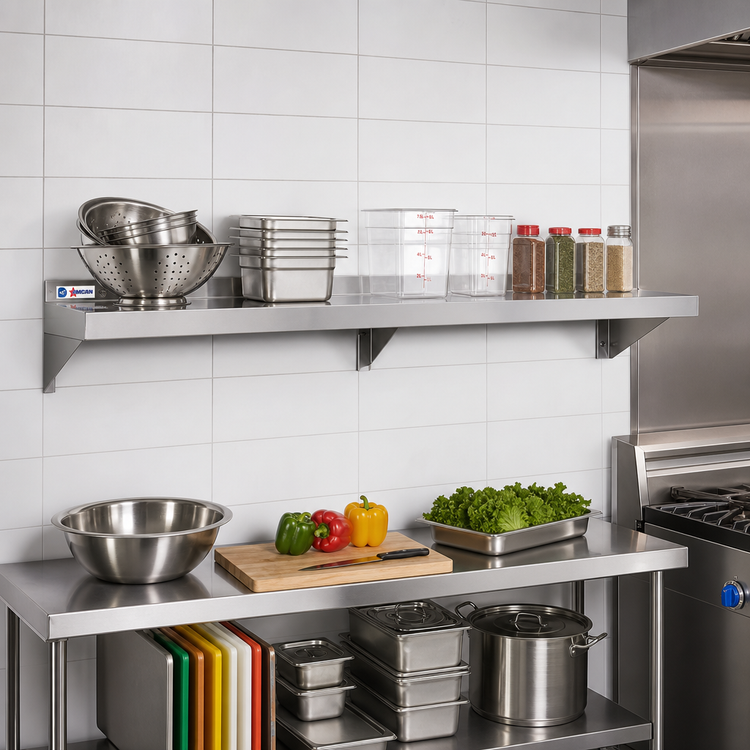 Product image #2 for Omcan USA 72-Inch x 16-Inch Wall-Mounted 18-Gauge 430 Stainless Steel Shelf with 1-1/2-Inch Rear Up-Turn