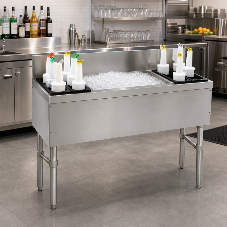 Product image #2 for Advance Tabco Prestige 54-Inch Stainless Steel Bar Ice Bin with 10-Circuit Cold Plate and Bottle Storage