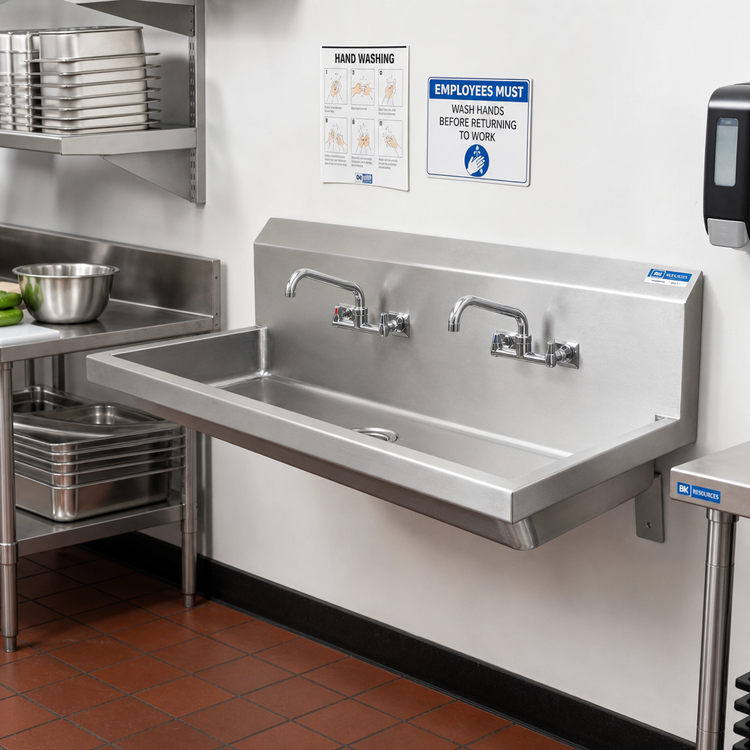 Product image #2 for BK Resources ADA Two-Station Wall-Mounted Hand Wash Sink, 48-Inch Wide, 5-Inch Deep Bowl
