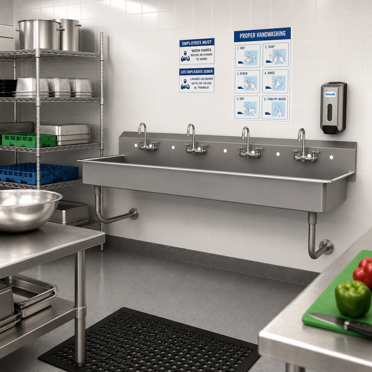 Product image #2 for Advance Tabco ADA Wall-Mounted Multiwash Hand Sink with 8-1/2-Inch Backsplash and 4 Faucet Hole Sets, 80-Inch Wide