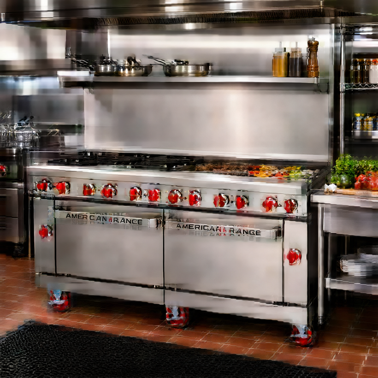 Product image #2 for American Range 72-Inch Gas Restaurant Range with 48-Inch Griddle, 4 Open Burners, Convection Oven, and Standard Oven