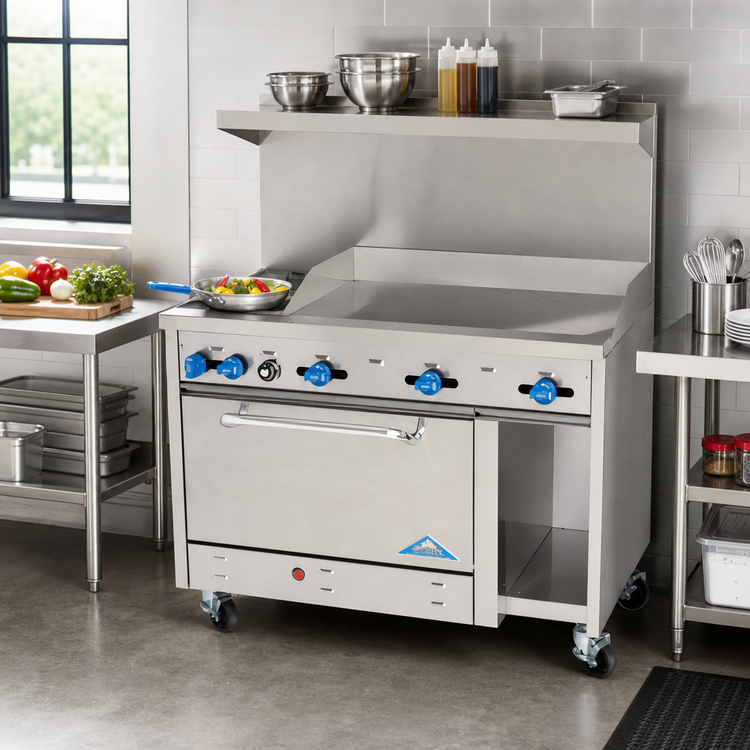 Product image #2 for Comstock-Castle 48-Inch Gas Range with 3/4-Inch Griddle, Standard Oven, Cabinet Base, and Back Riser High Shelf