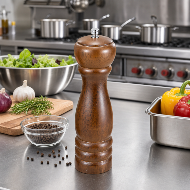 Product image #2 for Winco 8-Inch Tabletop Pepper Mill with Rubberwood Body and Zinc Alloy Grinder